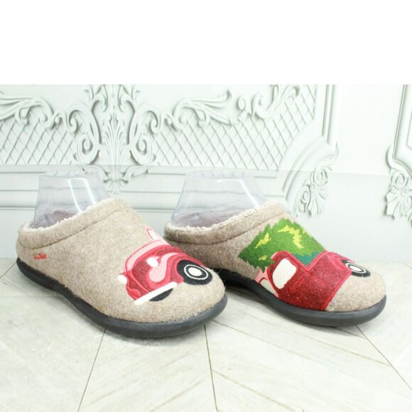 LL Bean Tan Wool Slip On Red Truck Motif Daybreak Slipper Scuffs Size 6 M - Picture 3 of 9